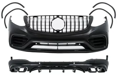 Productafbeelding van Bodykit voor Mercedes GLC SUV X253, modeljaren 2015-2019. Stootbalken en uitlaatpijpen met GLC63-uitstraling.