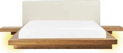 Produktbild von BELIANI LED-Bett Naturfarbene Esche Kunstleder u. MDF-Platte Holzfurnier Lattenrost 160x200cm Nachttische Hohes Kopfteil Japanisch Plattform Futonbett