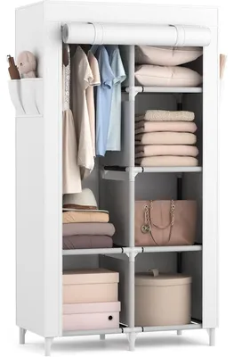 Produktbild von Stoffschrank mit Kleiderstange 6 Ablagen 4 Seitentaschen Überzug Schwarz 84x42x162 cm