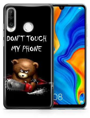 A black phone case with a cartoon bear holding a chainsaw and the text 'DON'T TOUCH MY PHONE' is shown next to a smartphone displaying a colorful abstract design.