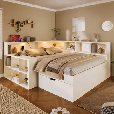 Produktbild von Merax Kinderbett 140x190cm mit Schubladen, Einzelbett mit Leselicht und Stauraum, USB- / Typ-C-Anschlüssen, Tagesbett Multifunktionsbett mit Regal,Weiß
