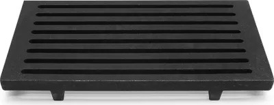 A black cast iron grate with parallel slats, shown from a slightly elevated front-facing angle.
