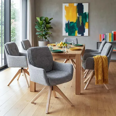 Produktbild von 6er-Set Esszimmerstuhl HWC-Q37, Küchenstuhl drehbar, Stoff (680g/m²) Chenille  Holz MVG  grau
