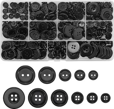 Produktbild von 388x Schwarzes Harz Knopfset, Rund, 2- & 4-Loch, 10-23mm, Glänzend