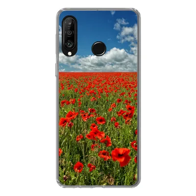 Produktbild von MuchoWow® Handyhülle Schutzhülle Hülle für Huawei P30 Lite Schneeweiße Wolken über einem Mohnblumenfeld Silikon Softcase Handy Hülle - Handyhülle