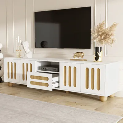 Produktbild von TV-Schrank,TV-Ständer mit 4 Türen, 1 Schublade und LED-Licht – Abgerundete Ecken,vielseitiger Stauraum
