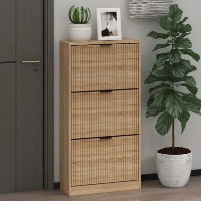 A wooden shoe cabinet with three drawers is shown next to a gray door and a large potted plant.