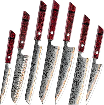 Produktbild von Elegantes 7-teiliges Damast Küchenmesser Set RW-39270 in Rot / Schwarz KP39270