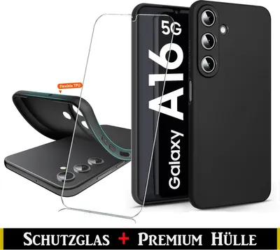 A black phone case and screen protector are displayed next to a smartphone.