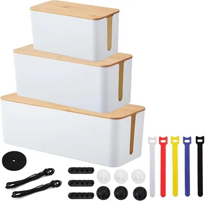 Produktbild von PolkaHome® 3er Set Kabelbox mit Bambusdeckel, Kabelmanagement-Box in 3 Größen, Kabelorganizer für Schreibtisch, Wohnzimmer &