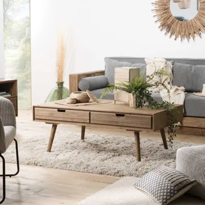 Image de ANDY - Table basse marron scandi rectangulaire 4 tiroirs bois