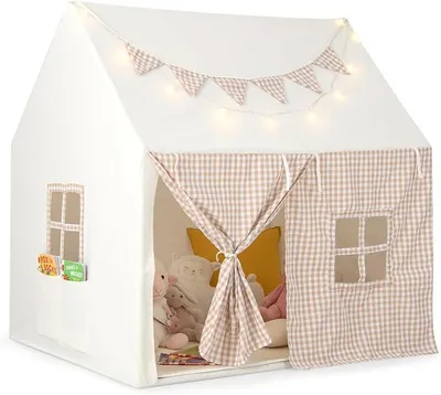 Imagen del producto de Tienda de juegos para interior, casita de juegos para niños con alfombra y luces, tienda de juegos infantil con banderines y ventanas, ideal para niños y niñas a partir de 3 años (color beige)