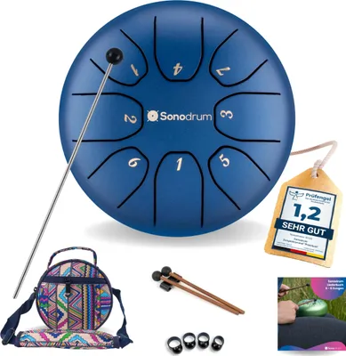 Produktbild von Sonodrum Zungentrommel: C - Dur in Blau - 14 cm mit 8 Tönen, Steel Tongue Drum inkl. Liederbuch, Schlägel, Fingersticks und Tragetasche