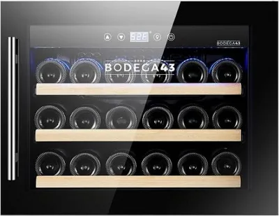A wine cooler filled with wine bottles, viewed from the front.