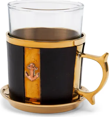 Produktbild von Maritim Tee-Set mit Glas und Untersetzer 9cm aus Messing gold und Leder