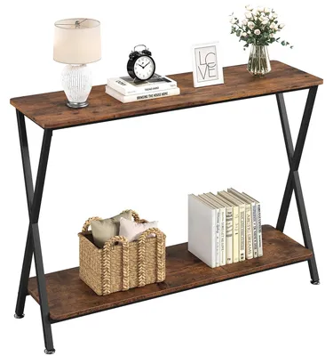 Zdjęcie produktu dla Wąski stolik konsolowy - stolik w stylu industrialnym - 2 półki - stabilna metalowa konstrukcja - 105x30x81 cm - kolor brązowy