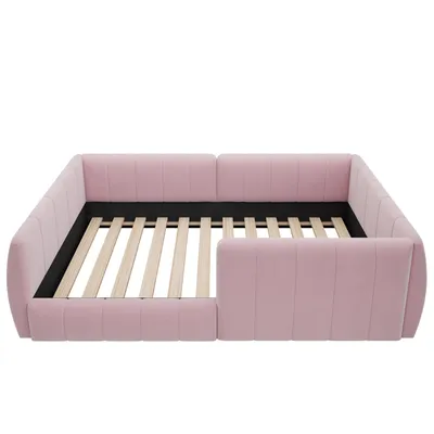 Produktbild von Flieks Kinderbett 90x200cm mit Rausfallschutz, Polsterbett mit Lattenrost, Bodenbett Spielbett mit Sicherheitsgeländer, Samt, Rosa