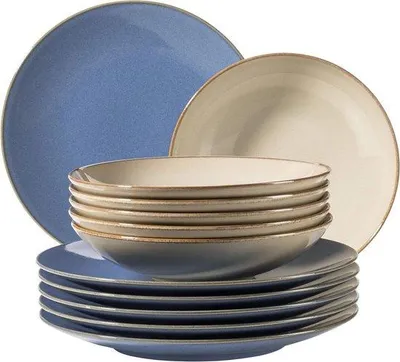 Immagine prodotto di Servizio da tavola in stile mediterraneo per 6 persone - Servizio in Vetroceramica da 12 pezzi - Colori sabbia e azzurro - Piatti in stile vintage moderno - Set di piatti per 6 persone
