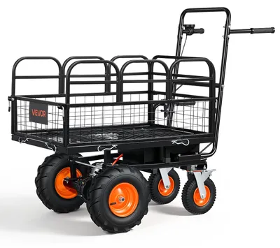 Image de Chariote électrique de jardin VEVOR, alimentée par batterie 36V 432Wh, chariot électrique de 500W avec fonction de basculement à 90° et frein, capacité de charge de 300 kg, chariot de jardin en acier robuste pour l'agriculture et les exploitations agricoles