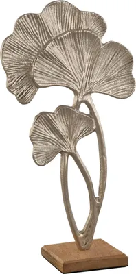 Produktbild von Skulptur Dekofigur Tropenblätter silber aus Metall stehend auf Holzsockel 21x39 cm