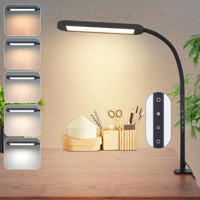 Produktbild von LED-Schreibtischlampe mit Klemme - Dimmbar - 5 Lichtfarben - 5 Helligkeitsstufen - 11 W - Flexibler Schwanenhals - Schwarz