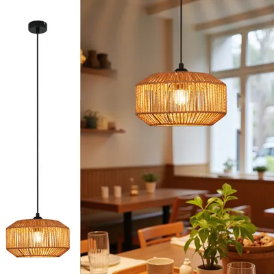 Immagine prodotto di ZMH lampada a sospensione vintage lampada a sospensione tavolo da pranzo lampada a sospensione sala da pranzo breve lanterna design tavolo da pranzo lampada 1 fiamma rattan E27 luce a sospensione per camera da letto letto soggiorno corridoio (lampadina non inclusa)