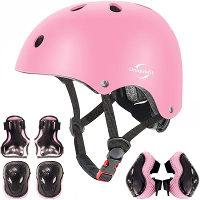Produktbild von Schutzausrüstungs-Set für Kinder 7-teilig Helm Knieschützer Ellbogenschützer Handgelenkschützer M (8-13 Jahre) Pink