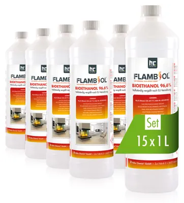 Produktbild von 15x 1 L FLAMBIOL® Bioethanol 96,6% Premium für Ethanol-Tischkamin in Flaschen