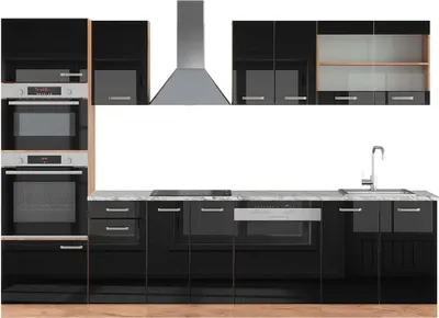 Produktbild von Küchenzeile Vicco R-Line Schwarz Hochglanz/Goldkraft Eiche 300 cm mit Hochschrank, AP Marmor, Model 43091