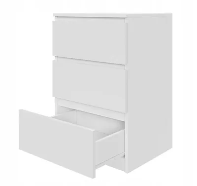 A white three-drawer chest of drawers against a white background.