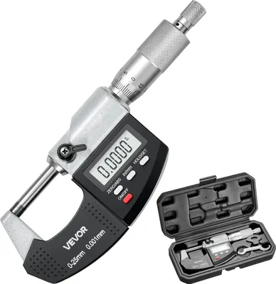 Produktbild von VEVOR Mikrometer, Digitale Bügelmessschraube, Messbereich 0–25,4 mm, Auflösung 0,001 mm, Höchste Präzision 0,003 mm Genauigkeit, LCD-Display, Zoll/mm-Umschaltung, Hartmetallspitze, mit Koffer
