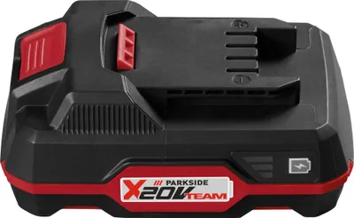 A black and red power tool battery pack.
