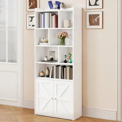 Produktbild von 4-stöckiges Bücherregal mit Türen und Schrank, Bücherregal, bodenstehendes Ausstellungsregal, 60 x 30 x 159 cm