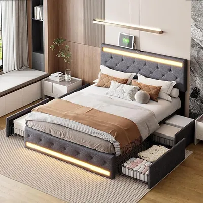 Zdjęcie produktu dla Łóżko tapicerowane 180x200 cm z pojemnikiem na pościel, w ciemnoszarym kolorze, obite tkaniną lnianą | Oświetlenie LED, funkcja ładowania USB, 4 szuflady, regulowane zagłówek, stelaż łóżka