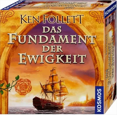 The image shows the box art for a board game based on Ken Follett's novel 'The Pillars of the Earth'. The artwork depicts a sailing ship in the foreground with a city skyline in the background, framed by an arched architectural element. A rose is also visi