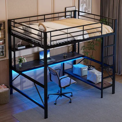 Image de OKWISH Lit Mezzanine Métal 140x200 cm - Avec Bureau Intégré et Étagères de Rangement - LED et Port USB - Sans Matelas - Noir