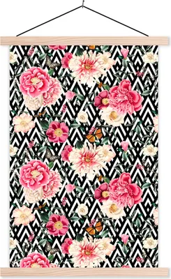 Produktbild von MuchoWow® Textilposter Blumen - Rosa - Schmetterling 40x60 cm mit holzfarbenen Rahmen - Poster
