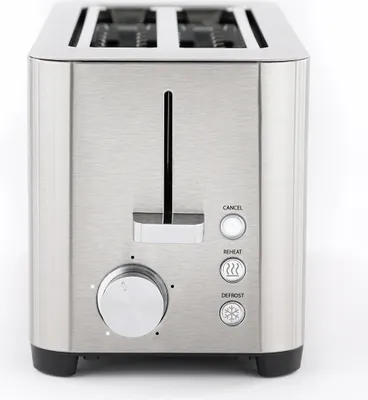 A front view of a stainless steel toaster on a white background.