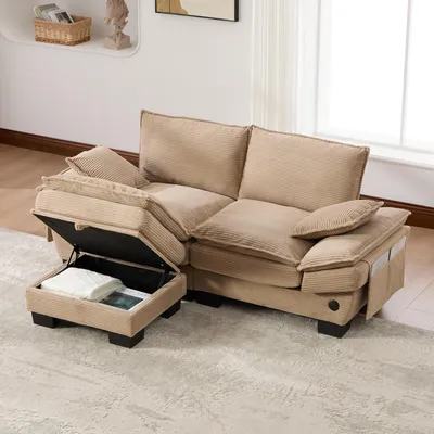 Obrázok produktu pre STILVORA Velúrová pohovka s podnožkou a širokým sedadlom, dvojmiestna pohovka s ergonomickým dizajnom a čalúnením z vysoko hustotnej peny, obývačková pohovka s USB-C portom a praktickými bočnými vreckami, khaki