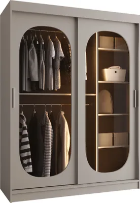 Produktbild von MIRJAN24 Kleiderschrank Bahrajn 150, Schwebetürenschrank, Garderobe (Farbe: Cashmere, Größe: 150 cm, mit Schubladen und mit Weisser LED Beleuchtung)