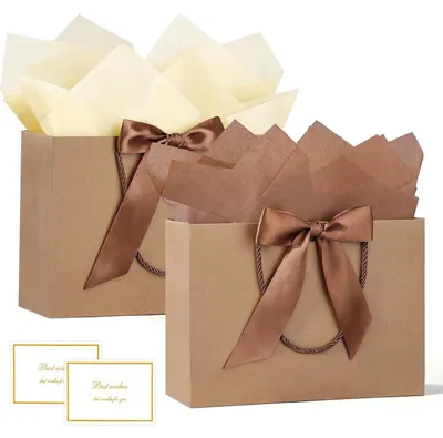 Productafbeelding van Twee cadeauzakken met handvat, bruin kraftpapier, inclusief wenskaarten en zijdepapier