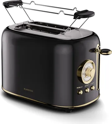 A black and gold retro-style toaster is shown against a white background.