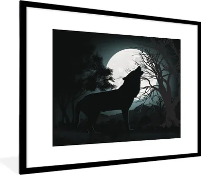Produktbild von MuchoWow® Gerahmtes Poster Wolf - Scherenschnitt - Mond 80x60 cm - Poster mit Schwarzem Bilderrahmen Wandposter Rahmen Foto Bilder - Schlafzimmer-Dekorationen - Fotoposter
