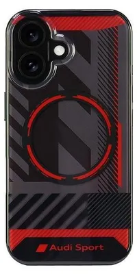 A close-up view of an Audi Sport branded iPhone case with a MagSafe ring.