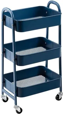 Produktbild von 3-Ebenen-Metalloppervlak Utility-Wagen, Organizer-Trolley mit Rädern für Küche, Bad, Büro, Marineblau