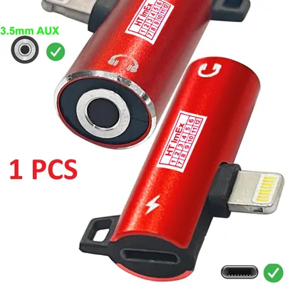 Produktbild von Rot - 2 in 1 Audio Adapter 8-pin auf Klinke 3,5mm Aux Musikhören + Laden kompatibel mit iPhone