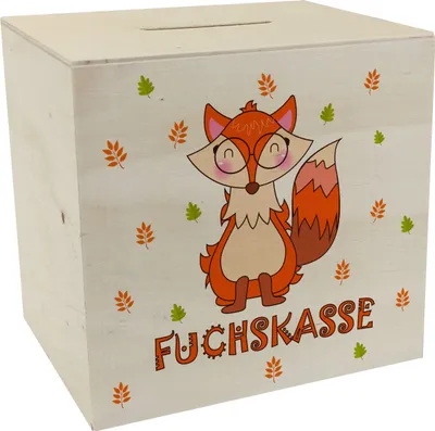 Produktbild von Fuchs Spardose aus Holz mit Spruch Fuchskasse