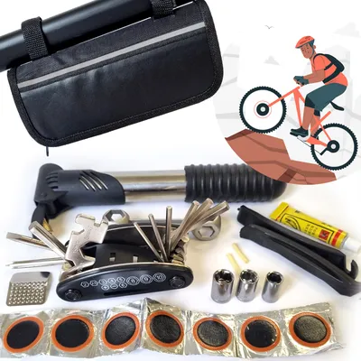 Produktbild von FAHRRAD-REPARATURSET SCHRAUBENSCHLÜSSELSATZ Flickzeug für Fahrräder PUMPE KLEBER Fahrrad-Werkzeugset Pannenhilfe-Set Fahrrad