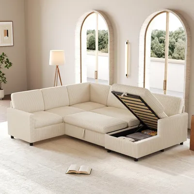 Produktbild von okwish U-förmiges Schlafsofa mit Ausziehbares Schlafsofa, Wohnzimmersofa mit Stauraum und Schlaffunktion,Cordstoff, Ecksofa in Beige