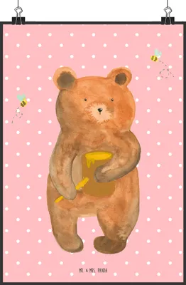 Produktbild von Mr. & Mrs. Panda Bild Bär Honig DIN A2 - Rot Pastell - Geschenk, Partner, Liebe, Teddy, kunstdruck poster, Freund, Plakat, drucke, Wandbild